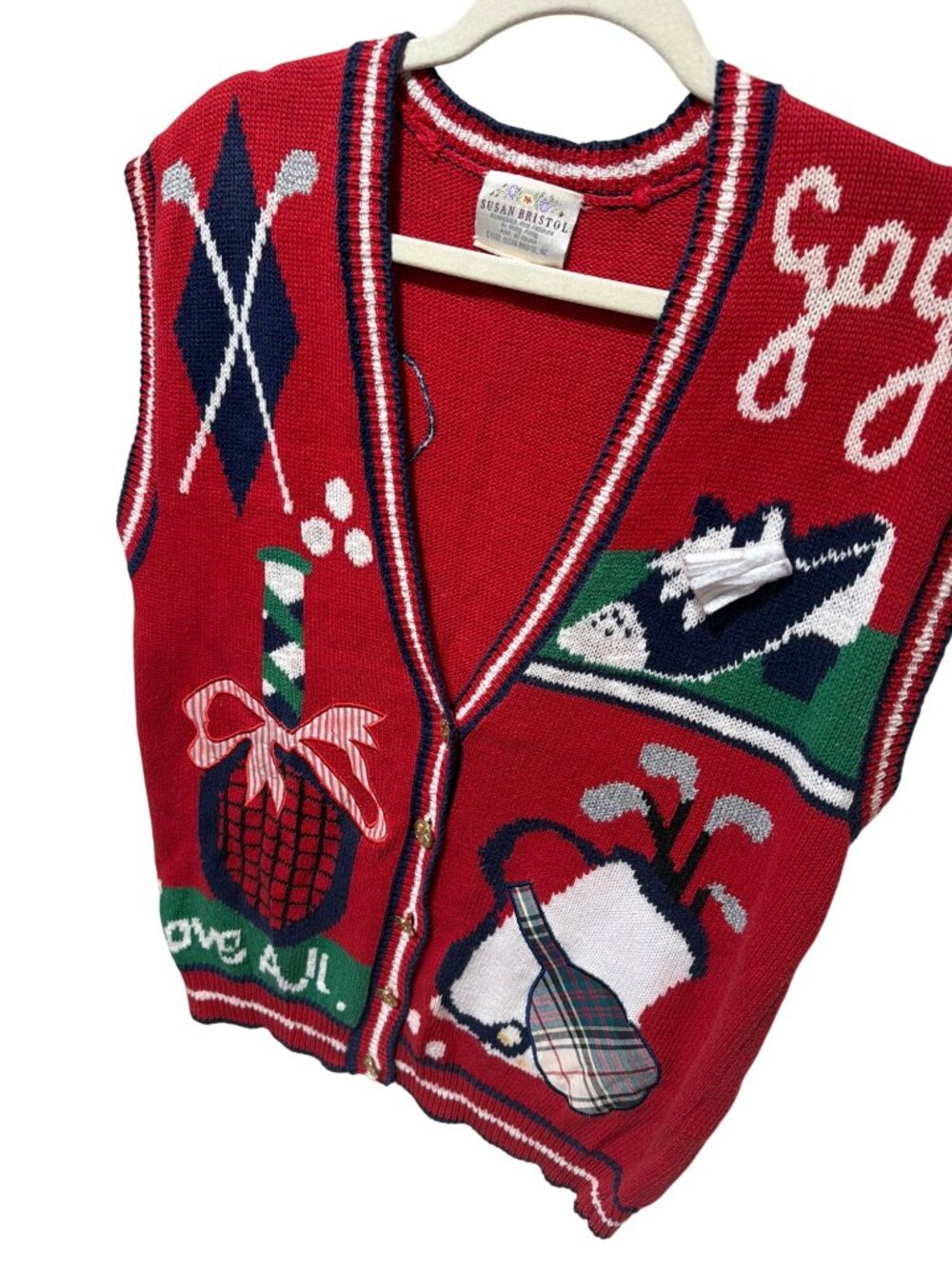 Susan Bristol 1992 Womens Golf-Themed Red Knit Sweater Vest S Plaid Appliqué Zip